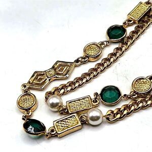 "5/$25" Long Goldtone Green Glass Cabachon & Faux Pearl Chain Station Necklace